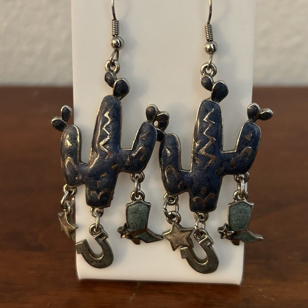 Vintage Edgar Berebi Blue Enamel Cactus Earrings Southwestern Western Horseshoe